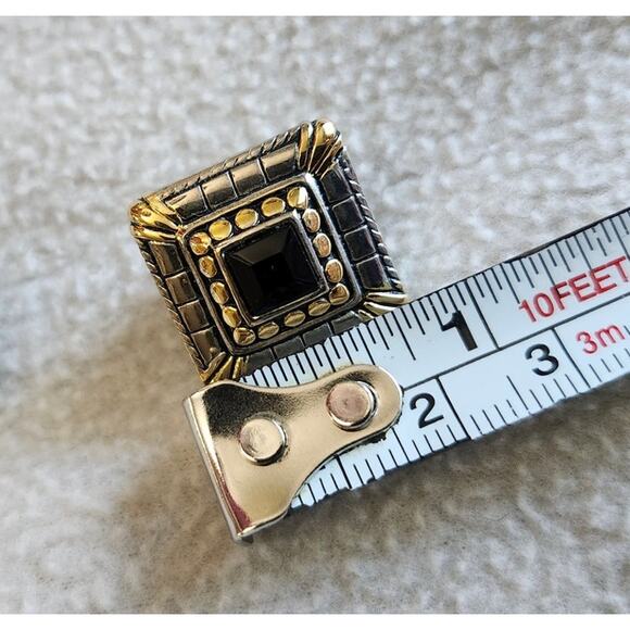 Vintage Signed DP Silver Tone Gold Tone Earrings Chunky Square Black Stone - Picture 9 of 9